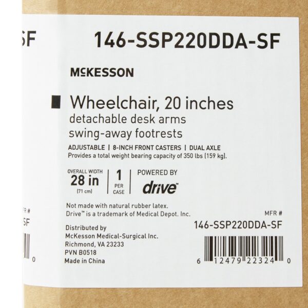 Wheelchair McKesson Dual Axle Desk Length Arm Swing-Away Footrest Black Upholstery 20 Inch Seat Width Adult 350 lbs. Weight Capacity - Image 3