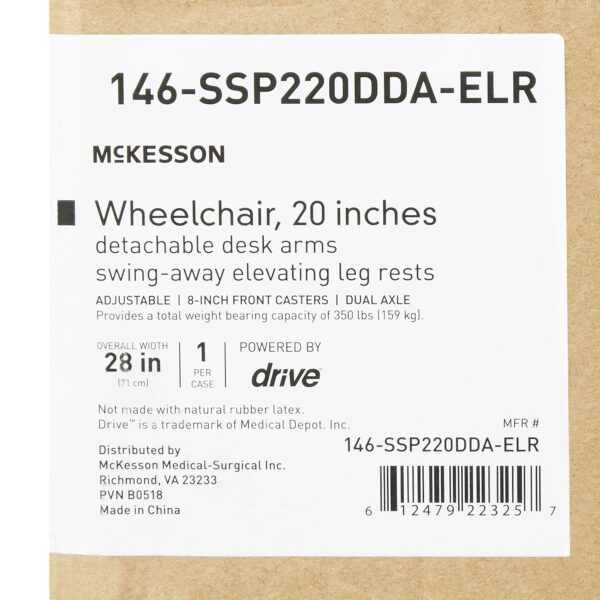 Wheelchair McKesson Dual Axle Desk Length Arm Swing-Away Elevating Legrest Black Upholstery 20 Inch Seat Width Adult 350 lbs. Weight Capacity - Image 3