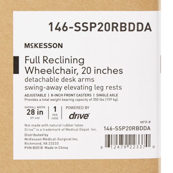 Reclining Wheelchair McKesson Desk Length Arm Swing-Away Elevating Legrest Black Upholstery 20 Inch Seat Width Adult 350 lbs. Weight Capacity