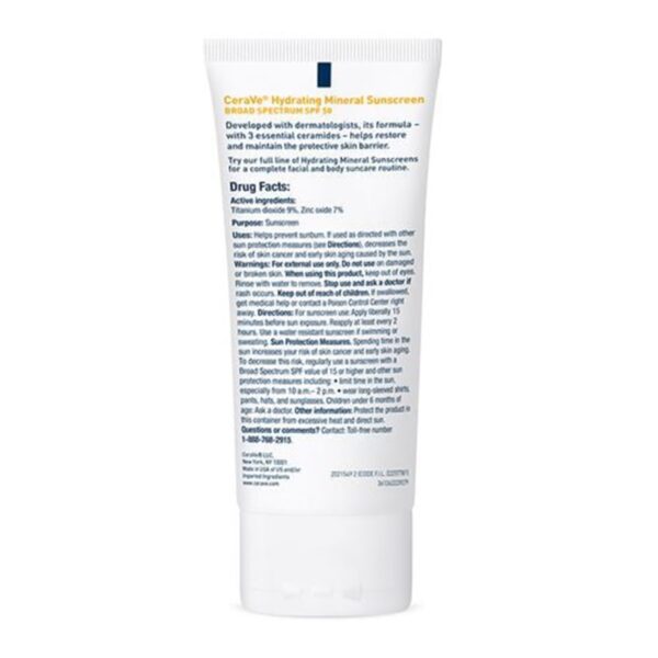 Sunscreen CeraVe® Hydrating Mineral Sunscreen Face SPF 50 Lotion 2.5 oz. Tube - Image 2