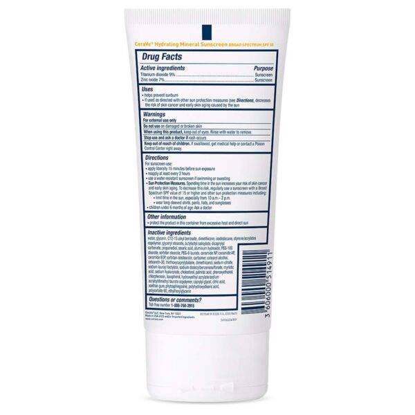 Sunscreen CeraVe® Hydrating Mineral Sunscreen SPF 50 Lotion 5 oz. Tube - Image 2