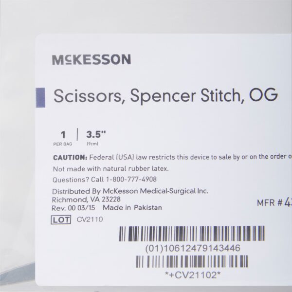 Suture Scissors McKesson Spencer 3-1/2 Inch Office Grade Stainless Steel NonSterile Finger Ring Handle Straight Blunt Tip / Blunt Tip - Image 3